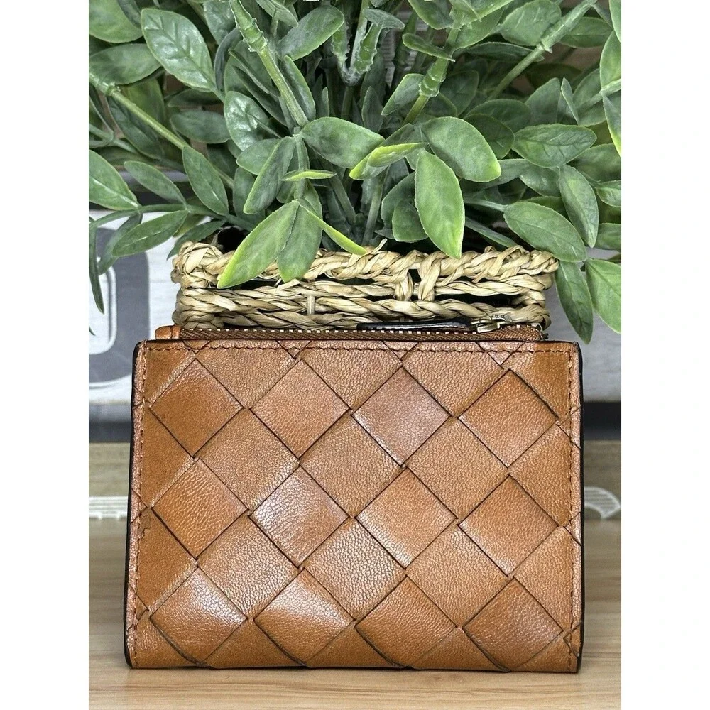 Kane M Wallet Brown Woven 100% Genuine Leather Honey Cognac Boho Minimalist Zip